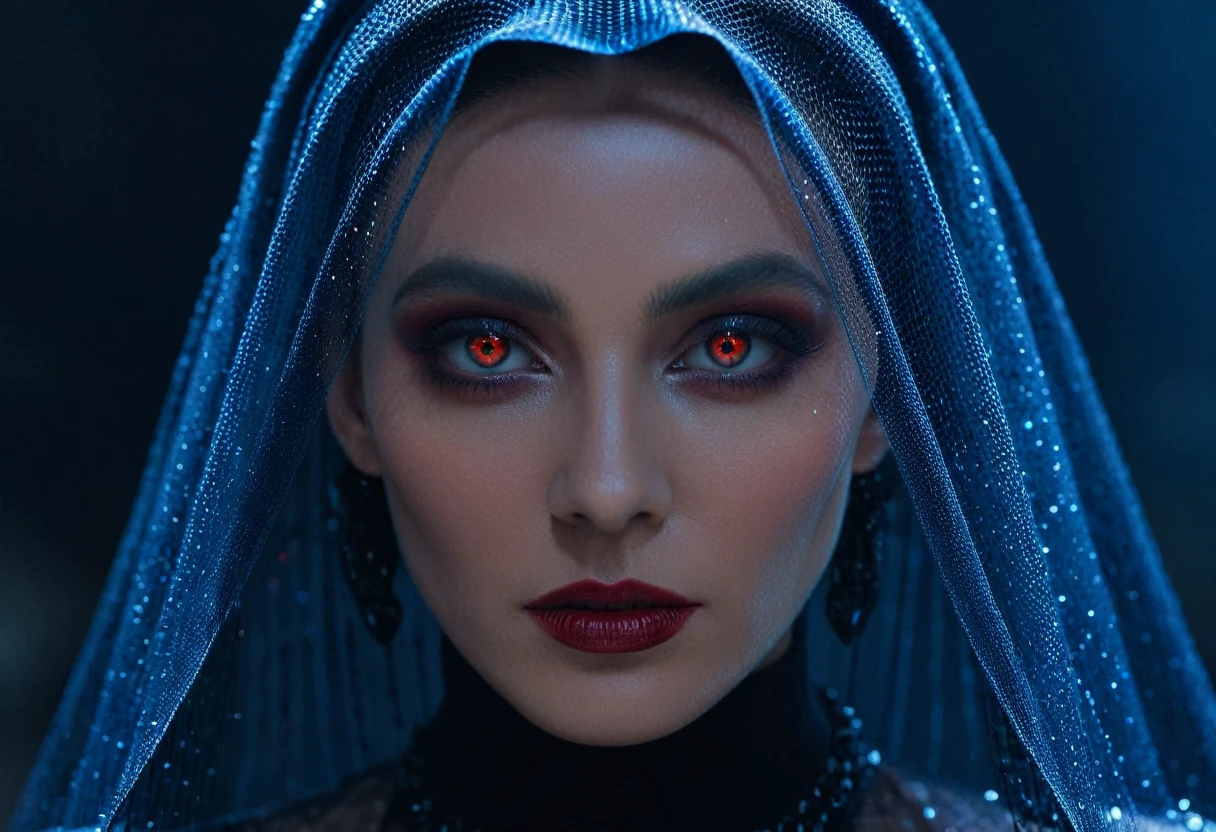 Fashionable portrait of androgynous alien looking witch wearing veil, glowing eyes, futuristic design, minimal details, givenchy, photoreal, 200mm, hd, f/ 2.0, highly detailed, surreal , drop dead, in the style of red and blue, (intricate details, hyperdetailed:1.15) (skin texture:1.2), cinematic, professional, 4k,