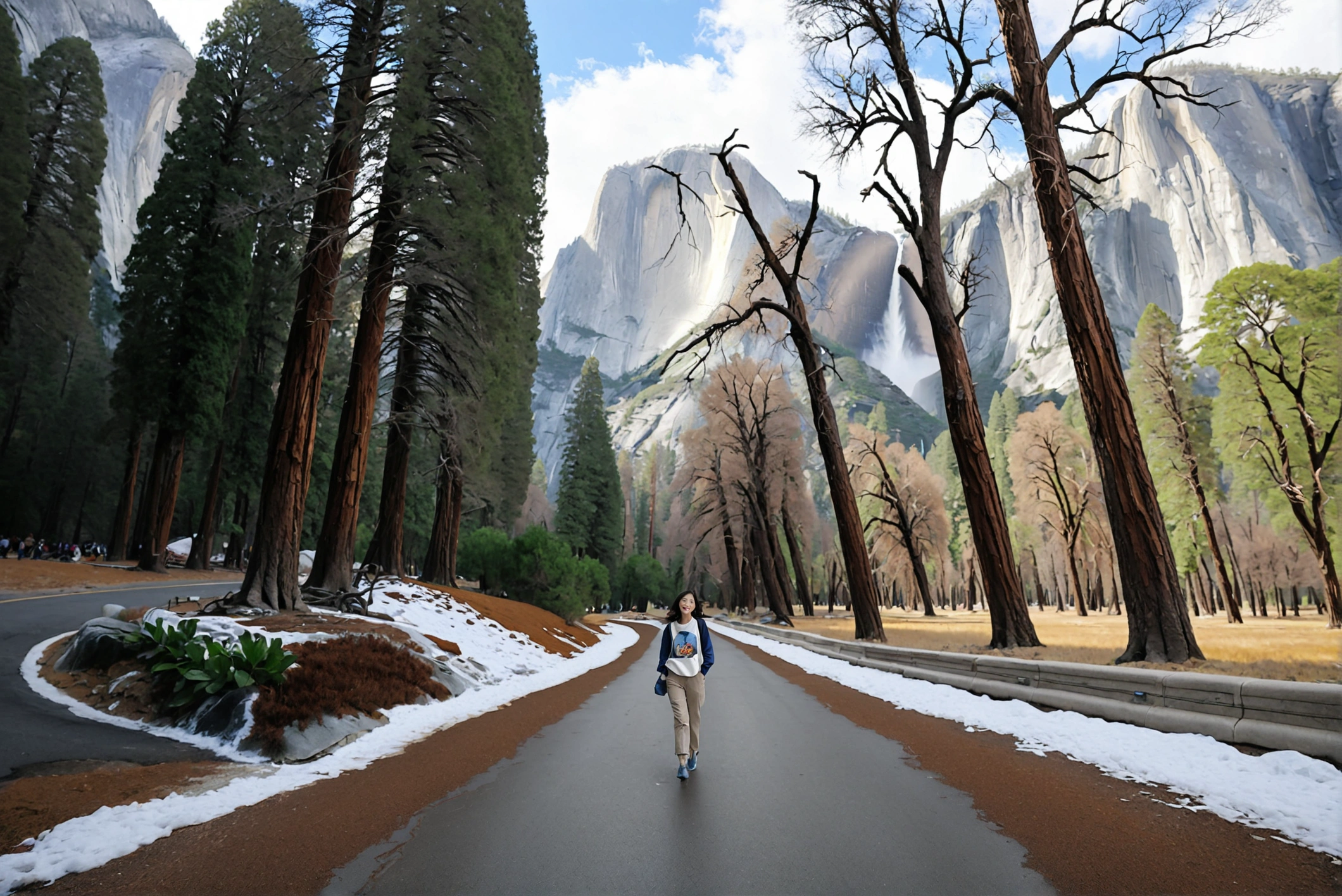 8k best picture quality, Beautiful 36-year-old Korean woman, You have good skin and big and pretty eyes.... Chest size 34 inches, Short and medium hair blowing in the wind, Wear a luxury brand duck down jumper. beige casual pants, i am smiling. The background of Yosemite National Park in the United States is realistic and vivid quality.. The model's face is clear and clear., Short and slim Korean woman