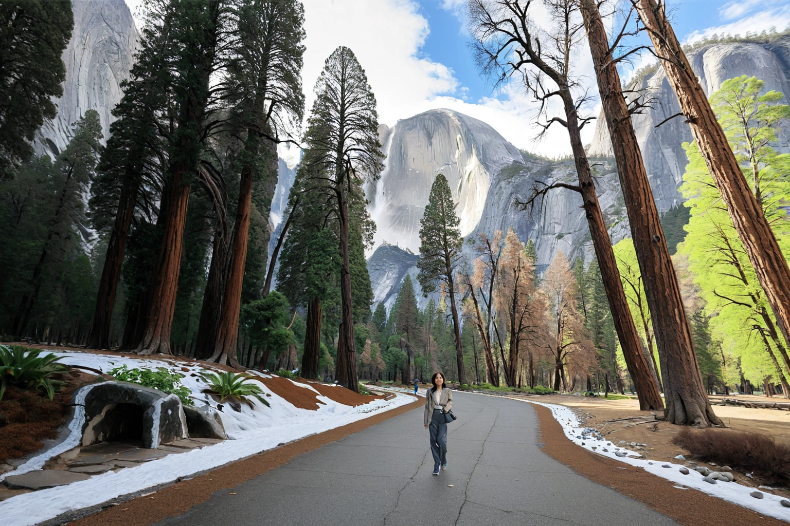 8k best picture quality, Beautiful 36-year-old Korean woman, You have good skin and big and pretty eyes.... Chest size 34 inches, Short and medium hair blowing in the wind, Wear a luxury brand duck down jumper. beige casual pants, i am smiling. The background of Yosemite National Park in the United States is realistic and vivid quality.. The model's face is clear and clear., Short and slim Korean woman