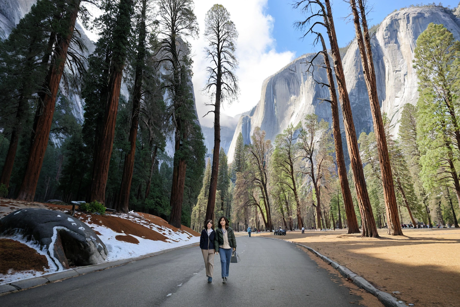 8k best picture quality, Beautiful 36-year-old Korean woman, You have good skin and big and pretty eyes.... Chest size 34 inches, Short and medium hair blowing in the wind, Wear a luxury brand duck down jumper. beige casual pants, i am smiling. The background of Yosemite National Park in the United States is realistic and vivid quality.. The model's face is clear and clear., Short and slim Korean woman