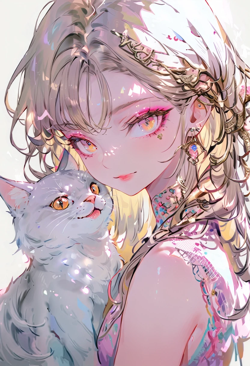 (Highest quality,Super detailed,High resolution:1.2),beautiful woman with perfect face,very_Long eyelashes, Detailed lips, A radiant smile, Soft Skin, Shiny Hair,Exquisite makeup,Heavy bangs，Hugging a cat