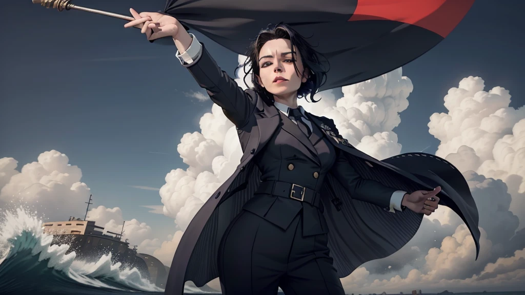 German Scene,Blue flag flying,Spectacular,Magnificent,style,Black hair queen white clothes,Hitler hand gesture