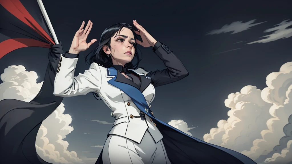 German Scene,Blue flag flying,Spectacular,Magnificent,style,Black hair queen white clothes,Hitler hand gesture