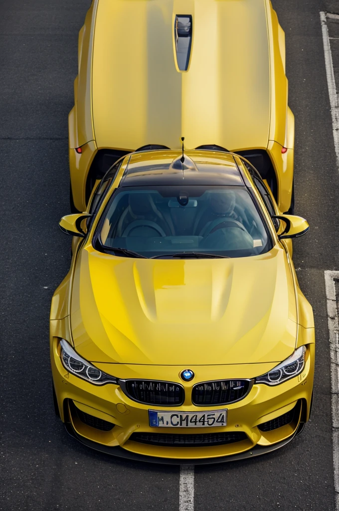 The image shows a yellow BMW M4 parked in a lot. In the foreground, a hand is holding a piece of paper with the text “@ZEHENSS” written on it.