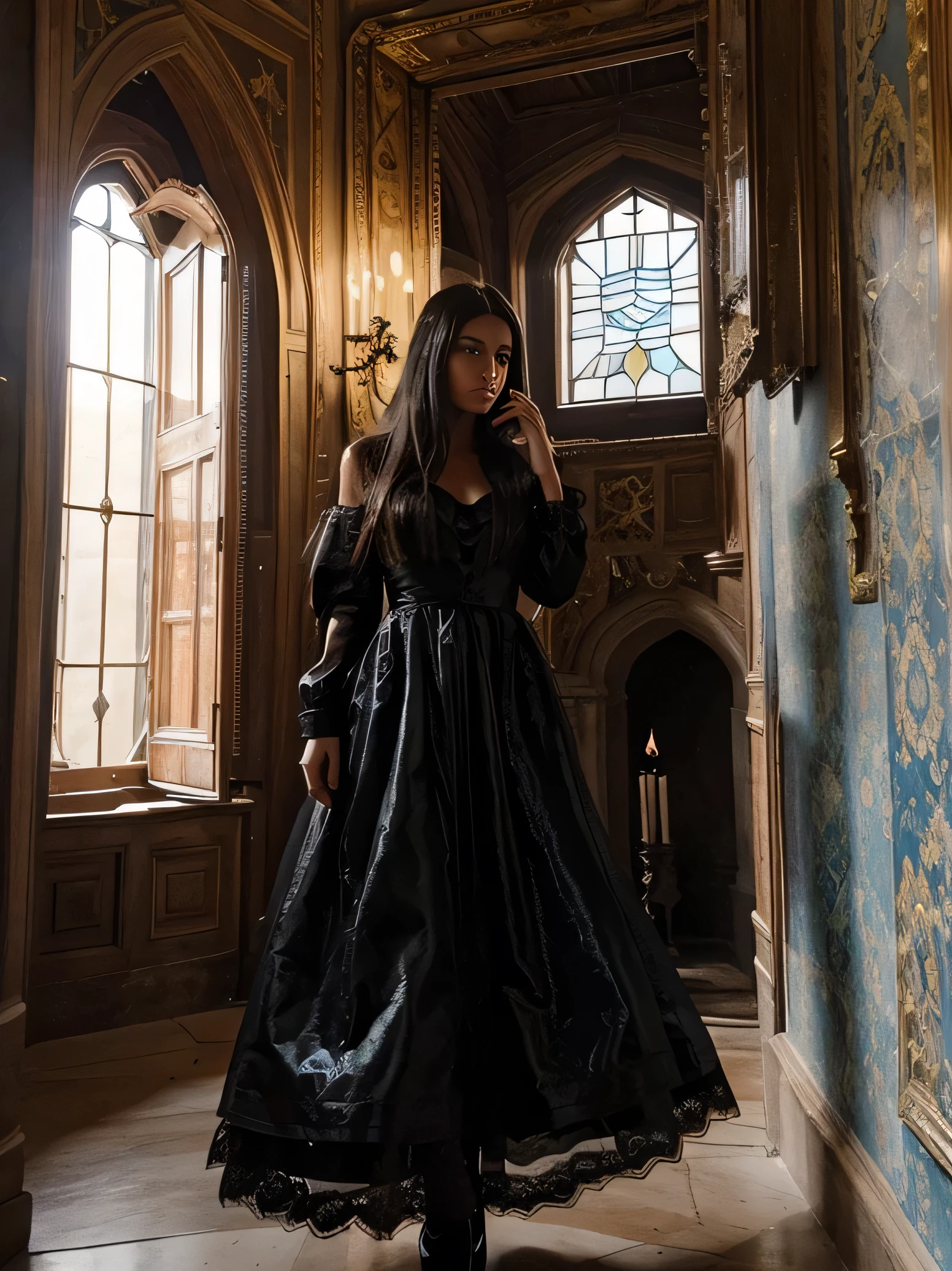 inside a gorgeous castle, where there is a panoramic window from which the rays of the sun come. around the painting. dimmed lights. The sun shines on the hair of a in a black shiny dress
