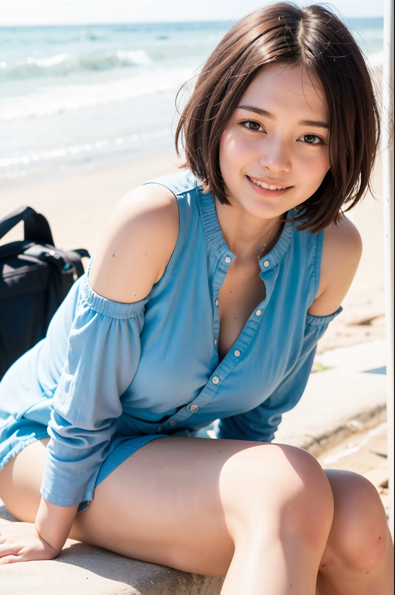 Top quality, 1 beautiful woman, super short Hair, Perm Hair, wearing Blouse, shy-smile, Sunlight, at beach, spread legs