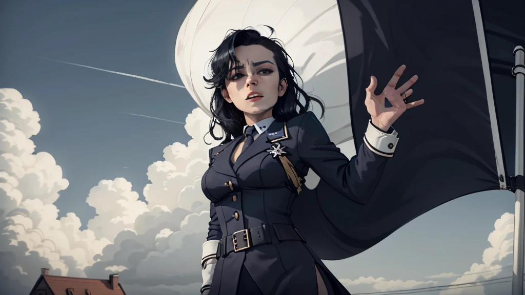 German Scene,Blue flag flying,Spectacular,Magnificent,style,Black hair queen white clothes,Nazi hand gesture
