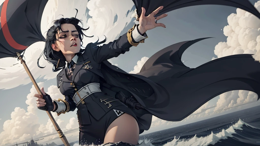 German Scene,Blue flag flying,Spectacular,Magnificent,style,Black hair queen white clothes,Nazi hand gesture