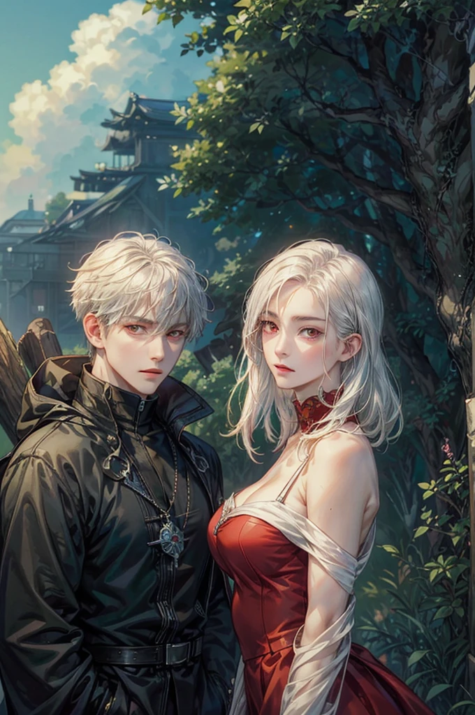 ((best quality)), ((Masterpiece)), (details), ((perfect face)), ((half body)) handsome face,white hair,red eyes, man, teenage boy, perfect proportions , Characters from the anime Tokyo Ghoul, man version , Hiro Mashima Art, details ghibli town background, details ghibli scenery background