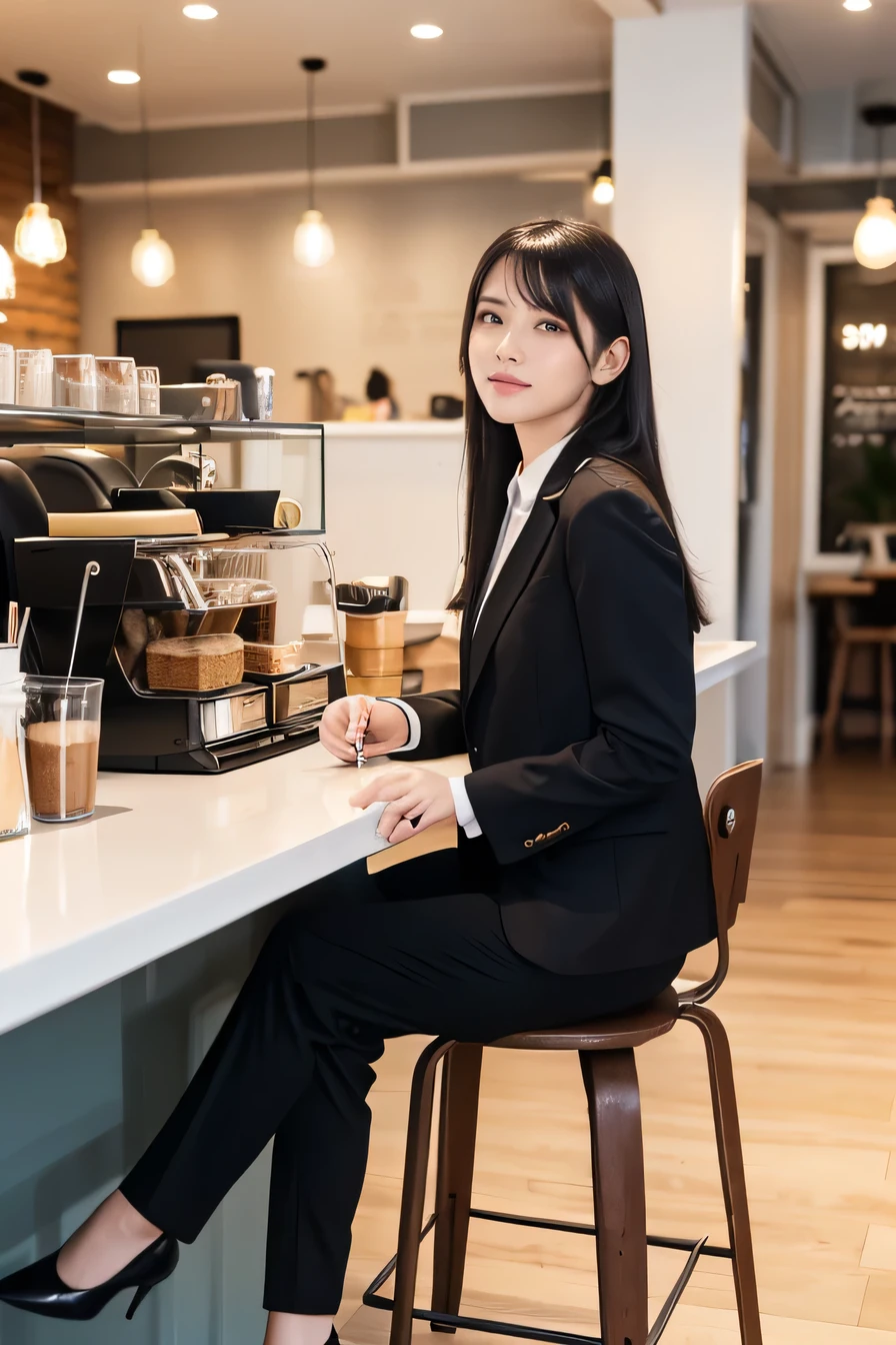 high quality,16K:1.1),(, Woman sitting on a chair in a coffee shop）（Full Body Shot:1.2),Black Hair、ear piercing、smile、Beautiful teeth alignment、((Office Lady Suits、Pants Style、pumps)), ,(View your viewers:1.3),Coffee shop on background
