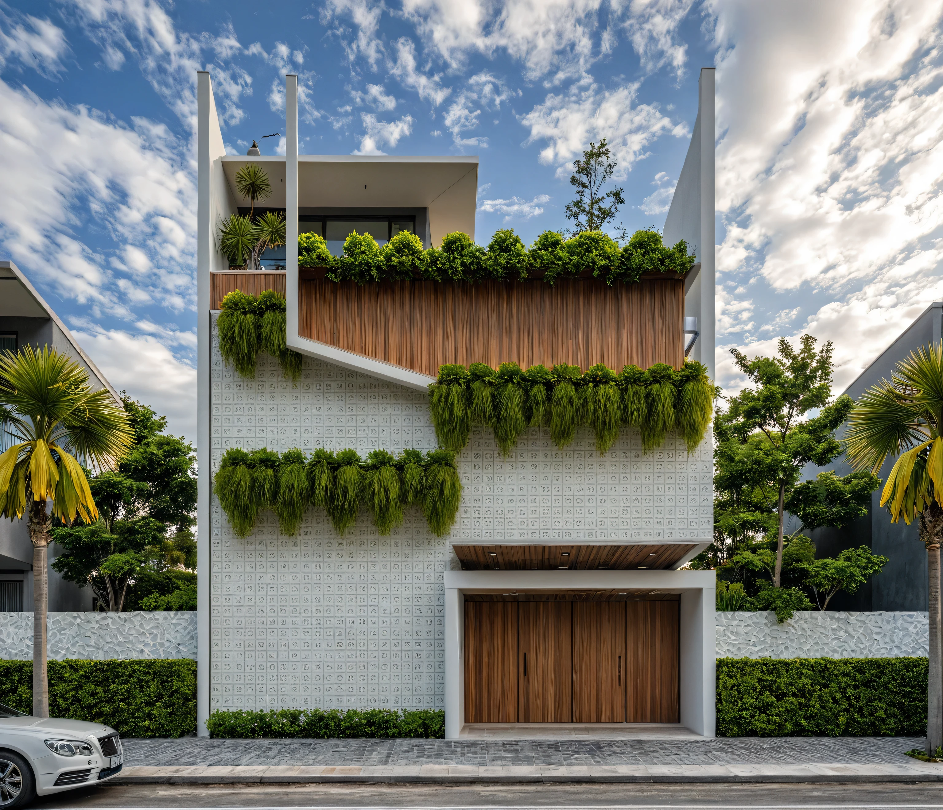 Masterpiece, high quality, best quality, authentic, super detail, outdoors, onestoreyvillaXL, aiaigroup, house style modern on the street ,stairs, white wall ,road,pavement, grass, trees, sky, cloud, (daylight:1.1)