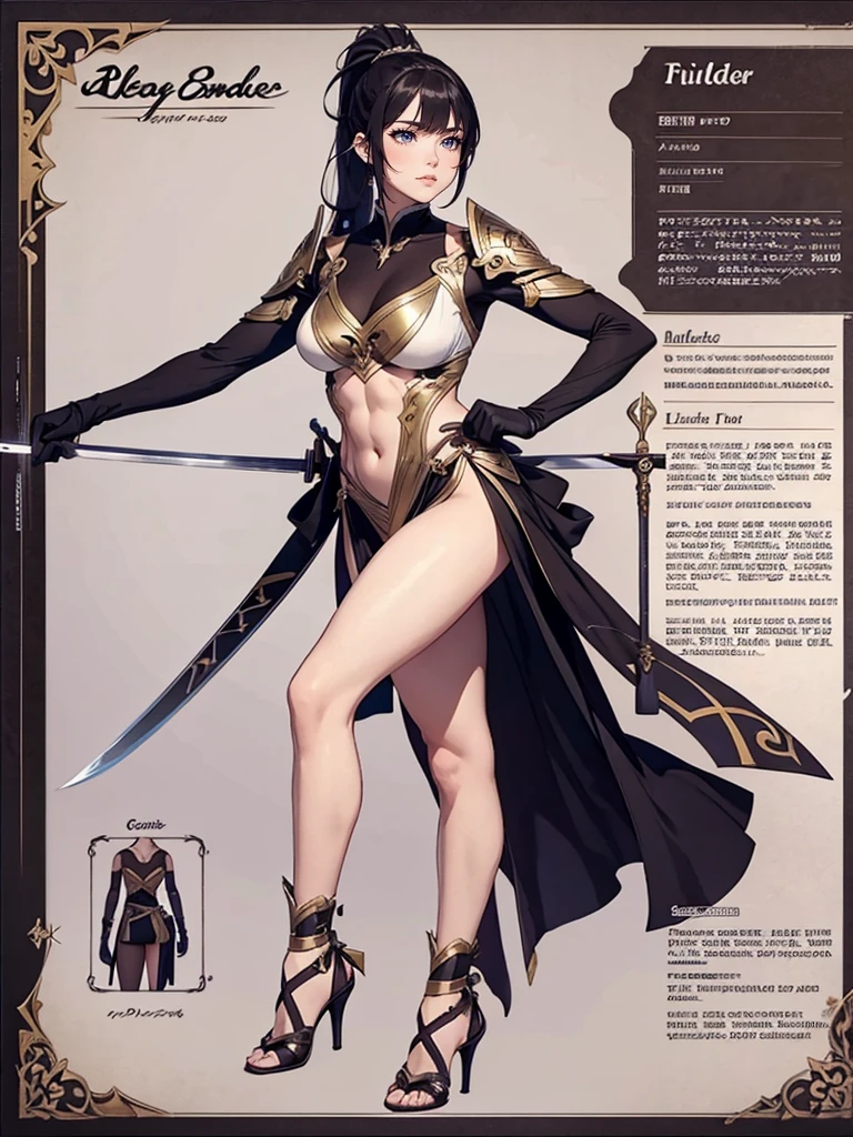 Muscular female, full body, ponytail, makeup , best quality, blade dancer, sect princess, cultivator, floating swords, full body, character sheet, elegent clothing, flowing clothing