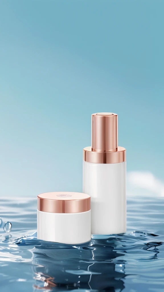 There are two bottles of cosmetics placed on the water, ClaritySmooth的线条, Clarity、Smooth、Clean lines, Stylish design, glossy surFace, Fine details, Perfect skin tone, Face, Smooth porcelain skin, Clarity的细节, skin care, Stunning appearance, Fine details, Bottom Angle, detailed picture, Home, Clarity干净的形状, Creamy skin, 精致Smooth的细节, Silicone leather