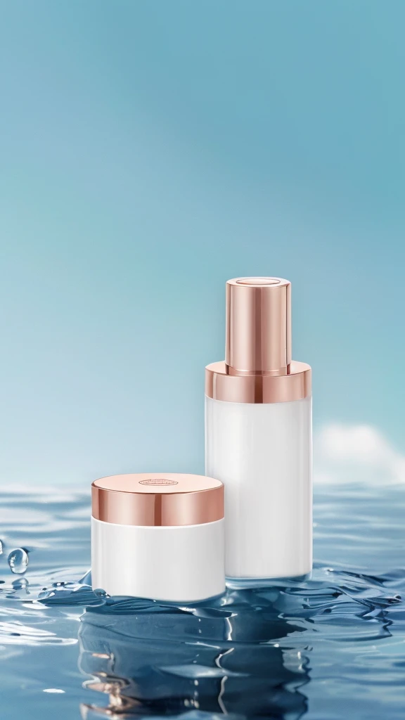 There are two bottles of cosmetics placed on the water, ClaritySmooth的线条, Clarity、Smooth、Clean lines, Stylish design, glossy surFace, Fine details, Perfect skin tone, Face, Smooth porcelain skin, Clarity的细节, skin care, Stunning appearance, Fine details, Bottom Angle, detailed picture, Home, Clarity干净的形状, Creamy skin, 精致Smooth的细节, Silicone leather