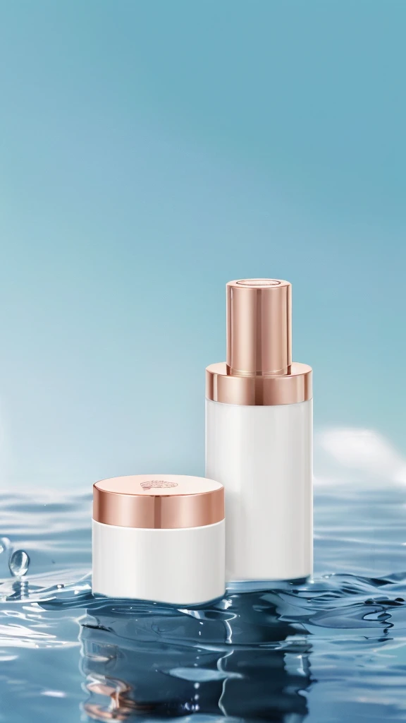 There are two bottles of cosmetics placed on the water, ClaritySmooth的线条, Clarity、Smooth、Clean lines, Stylish design, glossy surFace, Fine details, Perfect skin tone, Face, Smooth porcelain skin, Clarity的细节, skin care, Stunning appearance, Fine details, Bottom Angle, detailed picture, Home, Clarity干净的形状, Creamy skin, 精致Smooth的细节, Silicone leather