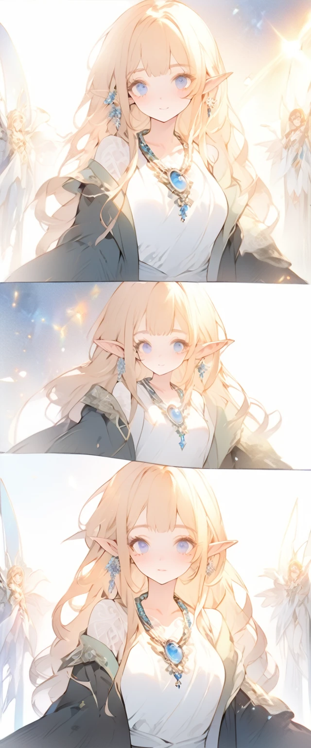 Waist shot of female elf, Wheels within wheels, face slimming, elegant, Wearing a sapphire necklace, White suspender light dress, face camera, Very detailed, Digital painting, art station, concept art, Smooth, sharp focus, illustration, Art work:artgerm、greg rutkowski 和 alphonse mucha, 8K, Volumetric fog, Bloom, light, lumen, Crank Bokeh