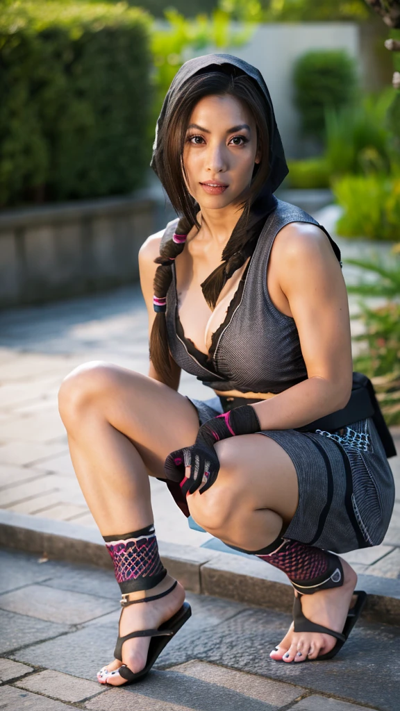 Latina Female ninja wearing short kimono in fishnet with sexy bare feet and toes exposed with boob cleavage showing in a kung fu pose 