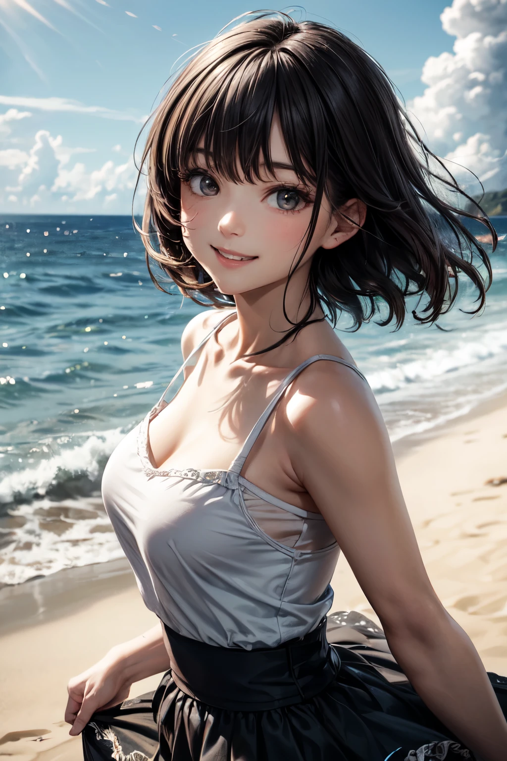 very cute and beautiful girl,(highly detailed beautiful face and eyes),one-piece floral print white swimsuit,
standing,arms behind back,looking at viewer,beach,tropical resort hotel,(smile),black hair,
(best quality,masterpiece),absurdres,highres,ultra-detailed,extremely detailed,32k,
cinematic scene,detailed background,solo,dynamic angle, hair fluttering in the wind,beautiful detailed sky,realistic,