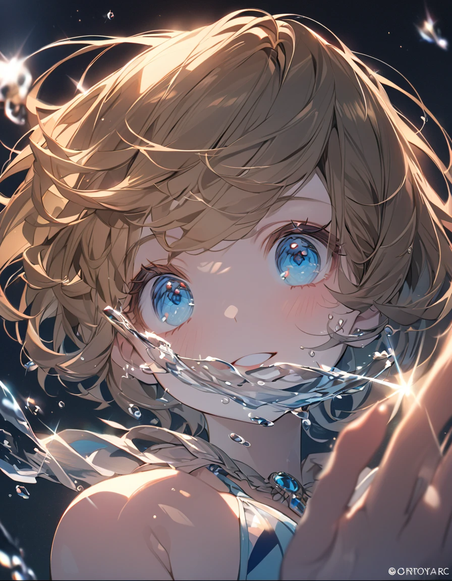 A cute girl in a swimsuit（original bikini swimsuit）(Small body) (:1.5), (blonde:1.5）(eyelash:1.2)(eye shadow:1.3) (Blue eyes:1.5), (Beautiful fine details:1.4) (Short Bob Hair:1.4), (Blue eyes)(Big Breasts:1.3) (White skin:1.2)Height: 130cm, original character, Fantasy, View Viewer Art： (A girl with beautiful deep eyes. The depth of field in the photo is perfect、Lens flares create a nice atmosphere. The details of her face really stand out, This photo definitely gets a 10 or more.. background, There is a beautiful sea with crystal clear water and water droplets floating on the surface.　Laughing happily