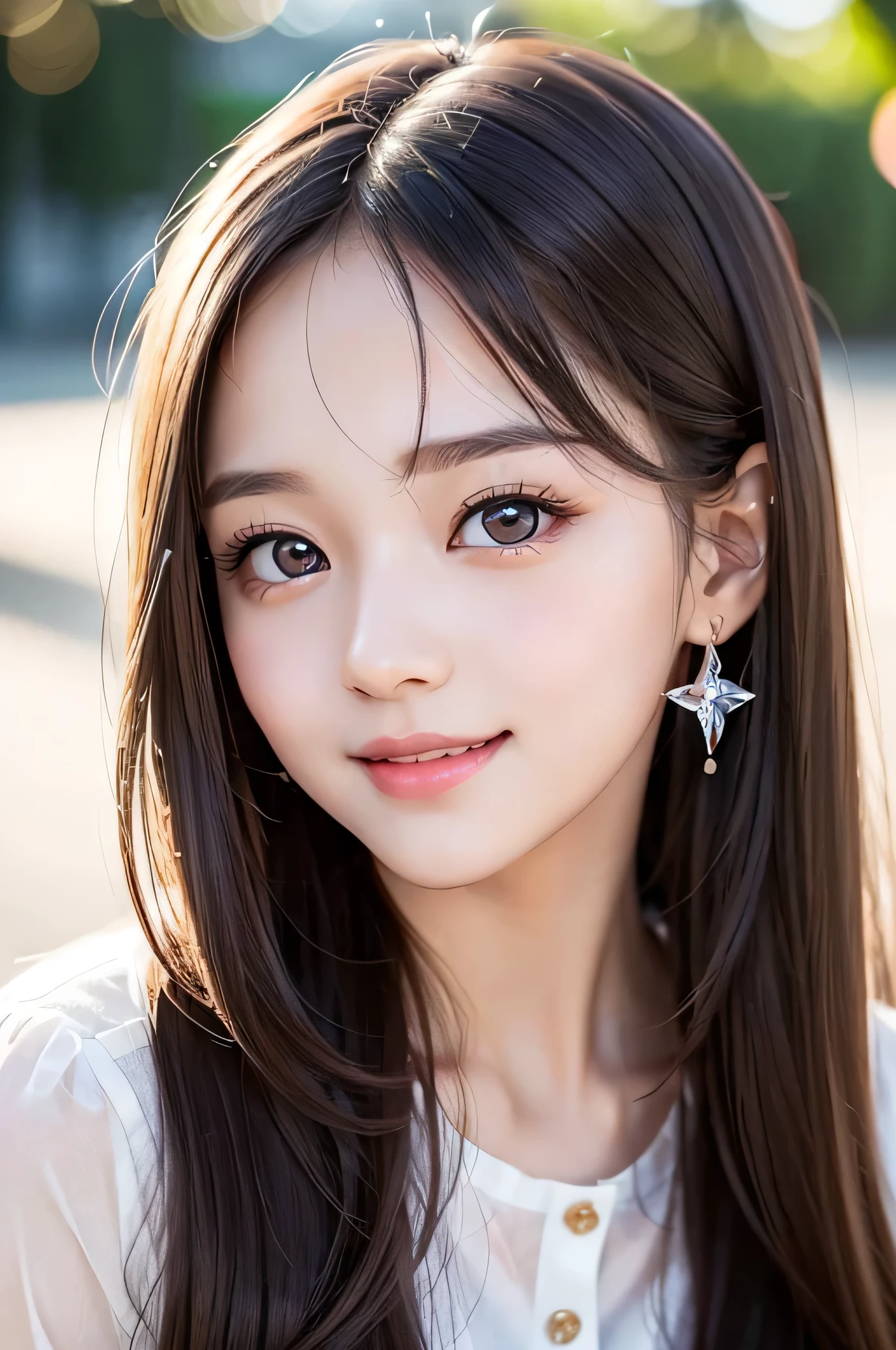 (Very beautiful cute girl), (very elegant face:1.2),11 yo, (sparking crystal clear attractive large eyes:1.1), best looks, Beautiful detailed eyes, Detailed double eyelids, (smiling), (realistic photograph:1.2), silky long straight hair,beautiful see-through bangs