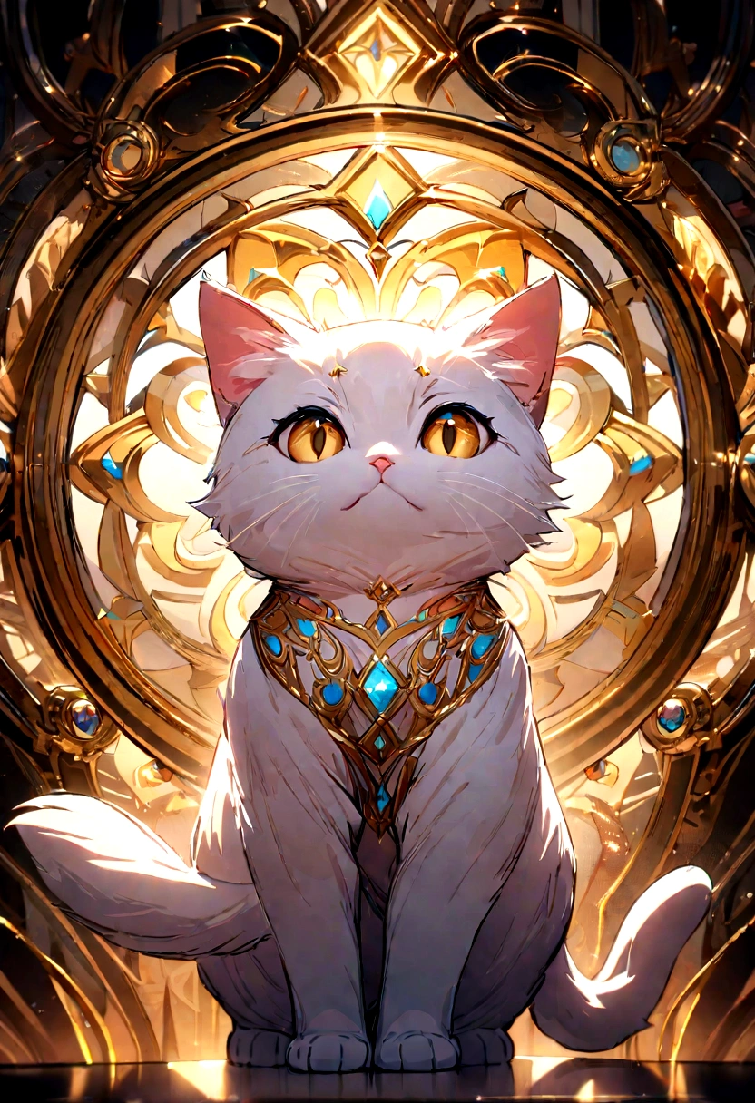 Masterpiece, best quality, 8k, high detail, hyper-detail, a cute kitten, light blue with holographic ornate designs, light pink and gold tetradic colors, approaching perfection
