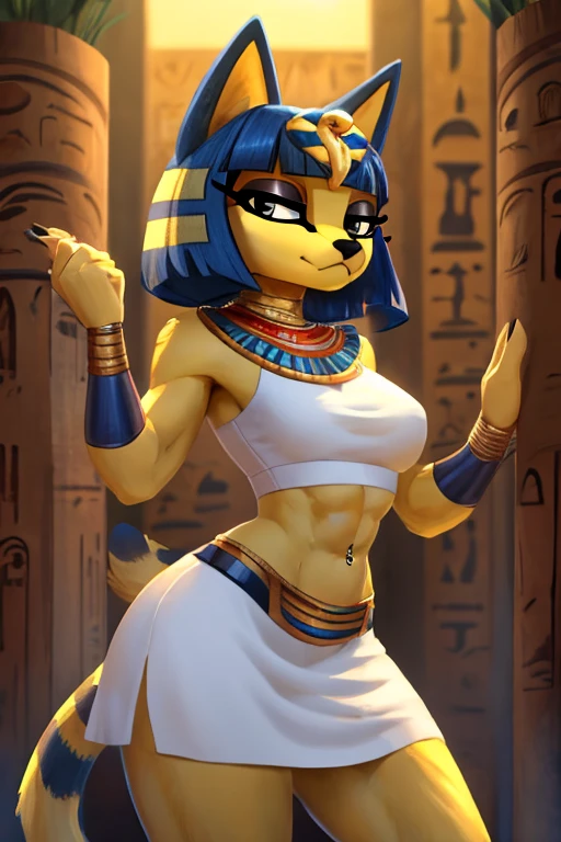 ((best quality)), ((masterpiece)), (detailed), digital artwork of a yellow cat ankha with rock hard abs wearing a crop top of her white sleeveless dress with white long dress skirt, a bare midriff and a bare navel, , Egyptian setting, anthro, furry style, tail, she looks snobbish, sideview, navel piercing, blue Egyptian handbands, white eyes, seductive pose