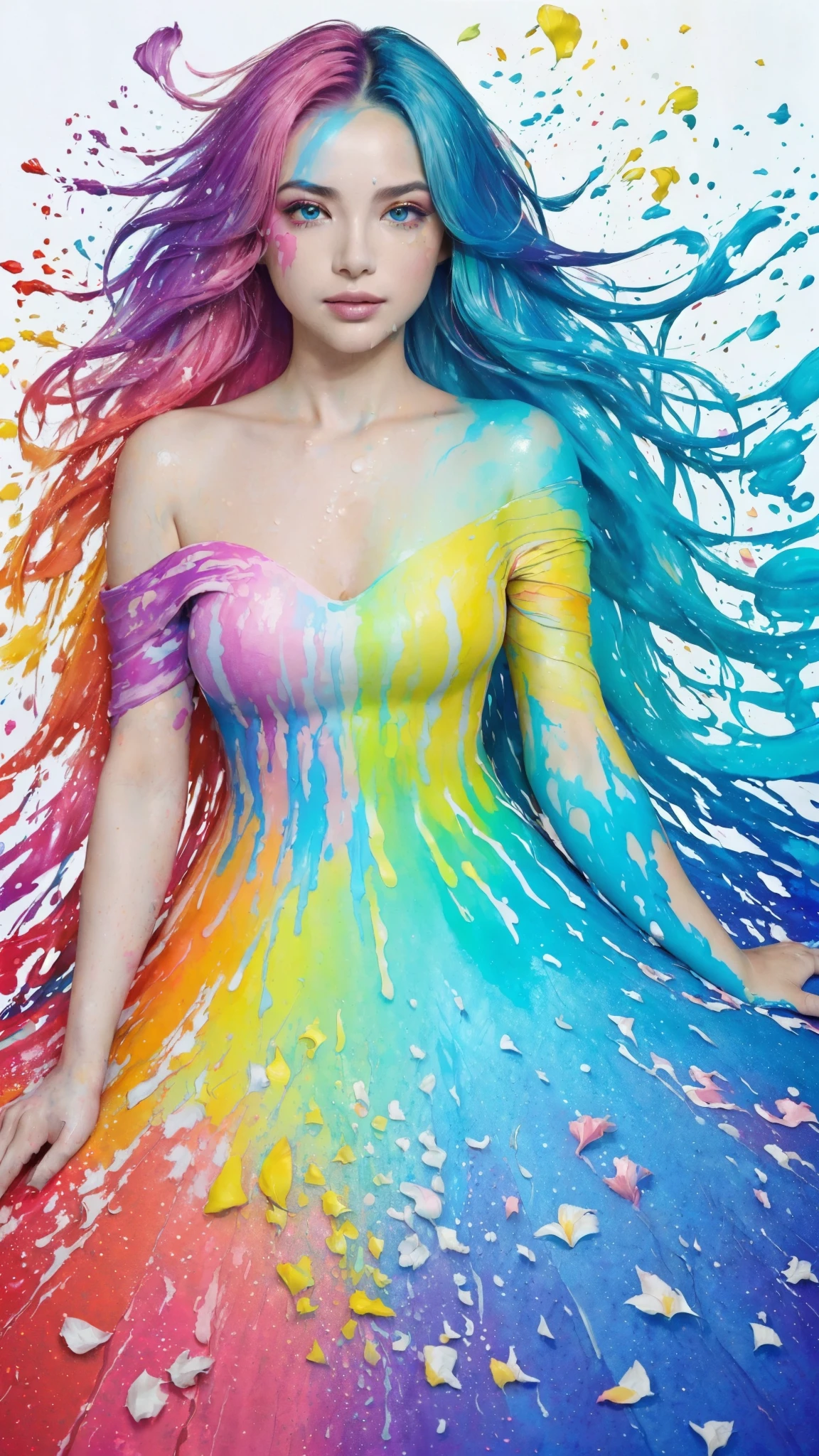 （Pink Fashion T-shirt：1.9），(Colorful hair: 1.8), (all the colours of the rainbow: 1.8),(((((vertical painting：1.6))), （painting：1.6），front, comics, illustrations, paintings, large eyes, crystal clear eyes,（ rainbow color gradient high ponytail：1.7）, exquisite makeup, closed mouth,(Small Fresh: 1.5),(Wipe Chest: 1.6) ，long eyelashes, white off shoulder T-shirt,  White Shoulder Shirt，looking at the audience, large watery eyes, (rainbow colored hair：1.6), color splash, （solo：1.8）, color splash, color explosion, thick paint style, messy lines, ((shining))，(colorful), (colorful), (colorful), colorful, Thick Paint Style, (Splash) (Color Splash), Vertical Painting, Upper Body, Paint Splash, Acrylic Pigment, Gradient, Paint, Highest Image Quality, Highest Quality, Masterpiece, Solo, Depth of Field, Face Paint,  colorful clothes, (Elegant: 1.2), gorgeous,long hair, wind, (Elegant: 1.3), (Petals: 1.4)，(((masterpiece))),(((best quality))),((ultra-detailed)),(illustration),(dynamic angle),((floating)),(paint),((disheveled hair)),(solo),(1girl) , (((detailed anima face))),((beautiful detailed face)),collar,bare shoulders,white hair, ((colorful hair)),((streaked hair)),beautiful detailed eyes,(Gradient color eyes),(((colorful eyes))),(((colorful background))),(((high saturation))),(((surrounded by colorful splashes))), 


