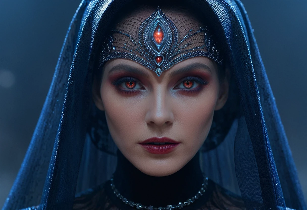 Fashionable portrait of androgynous alien looking witch wearing veil, glowing eyes, futuristic design, minimal details, givenchy, photoreal, 200mm, hd, f/ 2.0, highly detailed, surreal , drop dead, in the style of red and blue, (intricate details, hyperdetailed:1.15) (skin texture:1.2), cinematic, professional, 4k,