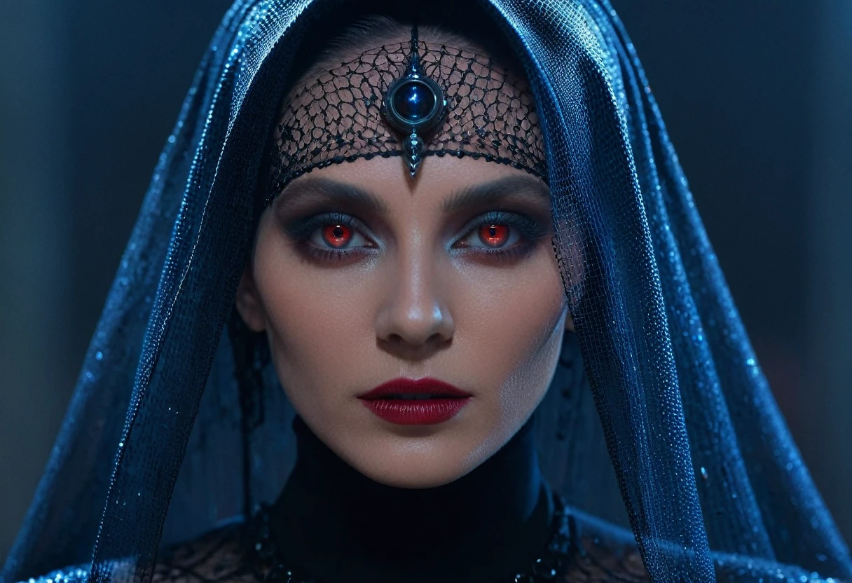 Fashionable portrait of androgynous alien looking witch wearing veil, glowing eyes, futuristic design, minimal details, givenchy, photoreal, 200mm, hd, f/ 2.0, highly detailed, surreal , drop dead, in the style of red and blue, (intricate details, hyperdetailed:1.15) (skin texture:1.2), cinematic, professional, 4k,