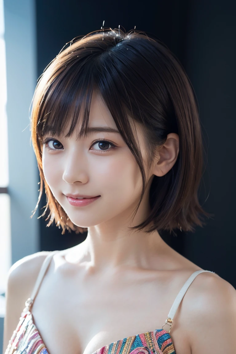 ((ビーチバレー:1.3)),1 girl,(wearing colorful stage costume:1.2),very beautiful japanese idol portrait,close up of face,(RAW photo,best quality),(real,realistic:1.4),(masterpiece),very delicate and beautiful,very detailed,2k wallpaper,amazing,finely detailed,highly detailed CG Unity 8K wallpaper,very detailed,high resolution,soft light,beautiful detailed girl,very detailed eyes and face,beautiful refined nose,finely beautiful eyes,cinema lighting,(simple light color background:1.3),(short hair),(bob),full anatomy,slender body,small breasts,smiling,((ビーチバレー:1.3))
