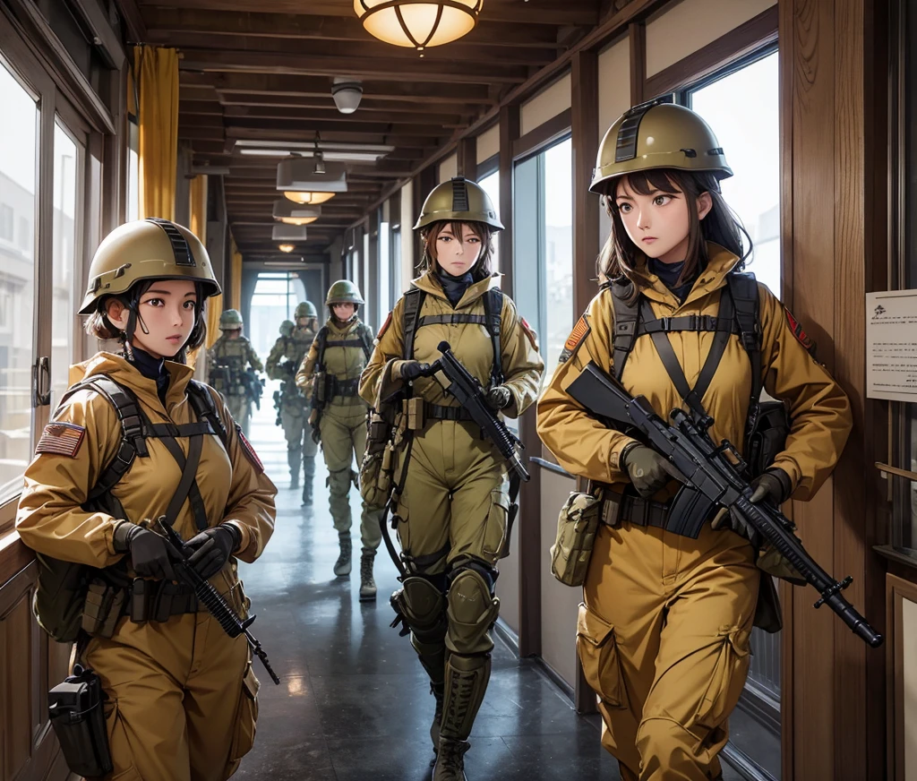 A group of female soldiers in ochre uniforms、Full helmet、Military Pants、Individual equipment set、Patrolling the corridors、Write details、masterpiece、best quality、Highly detailed CG、8K picture quality