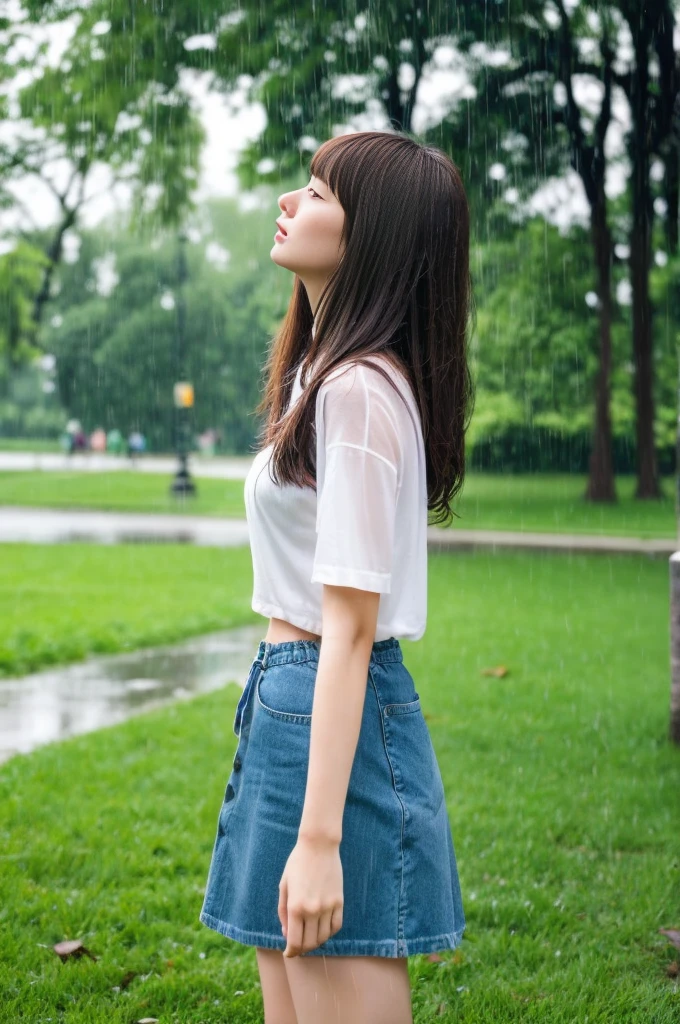22year old beautiful girl、Highest image quality、realistic、16K、beautiful woman、long hair、With bangs、Pretty slim、heavy rain、While walking through the Park in the rain、wet from heavy rain、Full body figure、Look up at the sky、Lying on the grass in the park、It&#39;s raining heavily、Soaking wet beauty