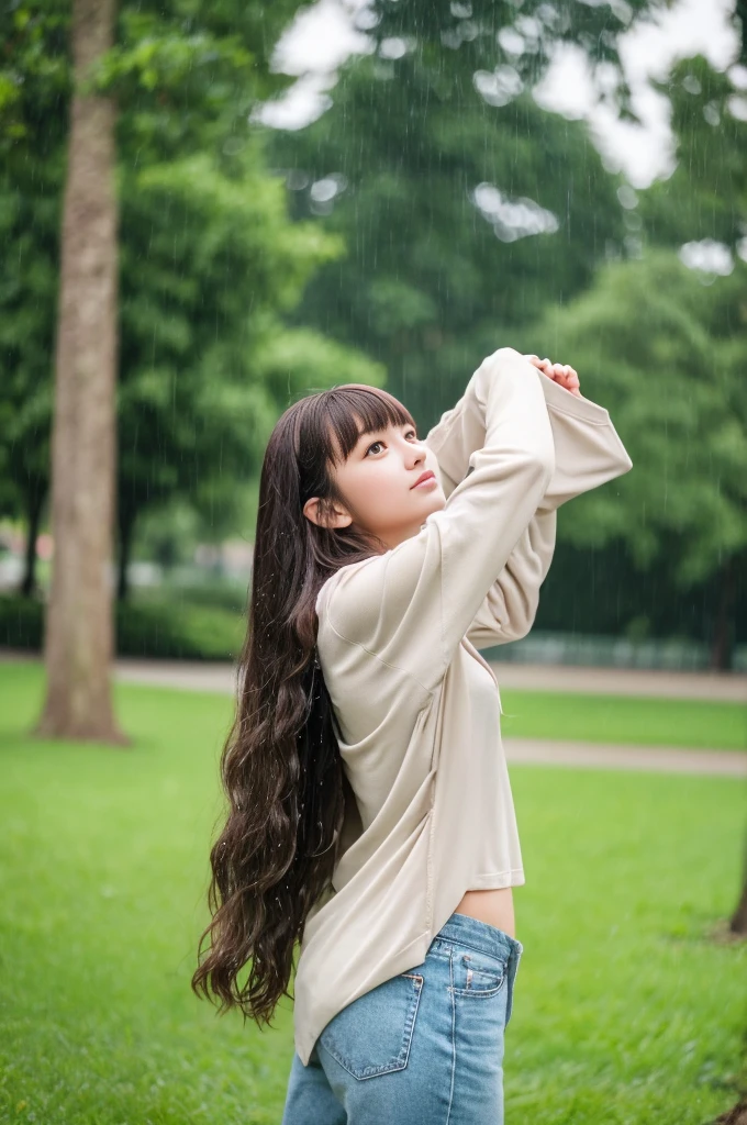 22year old beautiful girl、Highest image quality、realistic、16K、beautiful woman、long hair、With bangs、Pretty slim、heavy rain、While walking through the Park in the rain、wet from heavy rain、Full body figure、Look up at the sky、Lying on the grass in the park、It's raining heavily、Soaking wet beauty