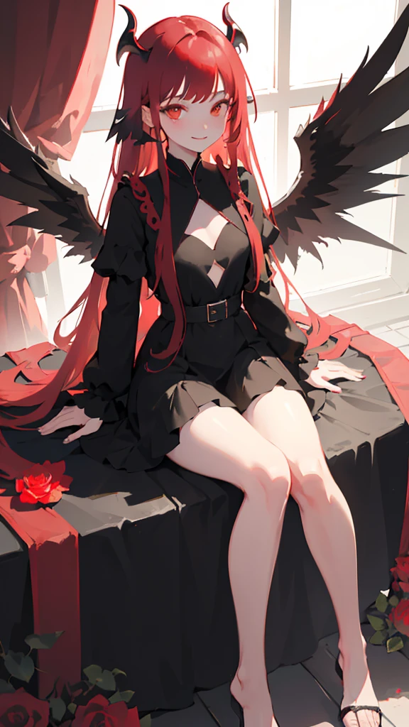 1girl, flower, solo, long hair, black wings, red hair, black flower, sitting, red flower, devil, water, rose, long sleeves, red flower, dress, devil horn, devil wings, feathered wings, mean smile, bangs, black dress, plant