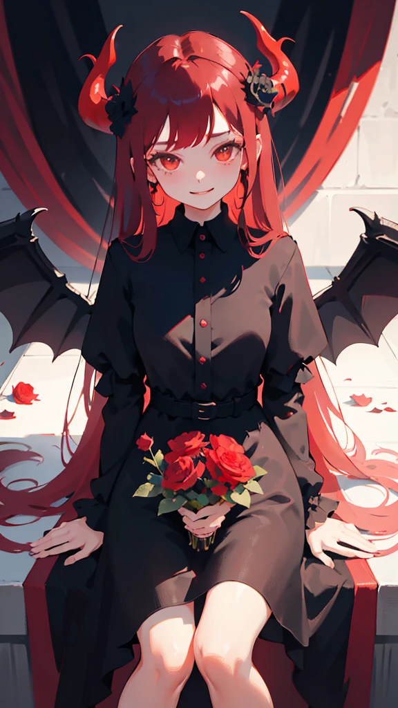 1girl, flower, solo, long hair, black wings, red hair, black flower, sitting, red flower, devil, water, rose, long sleeves, red flower, dress, devil horn, devil wings, feathered wings, mean smile, bangs, black dress, plant