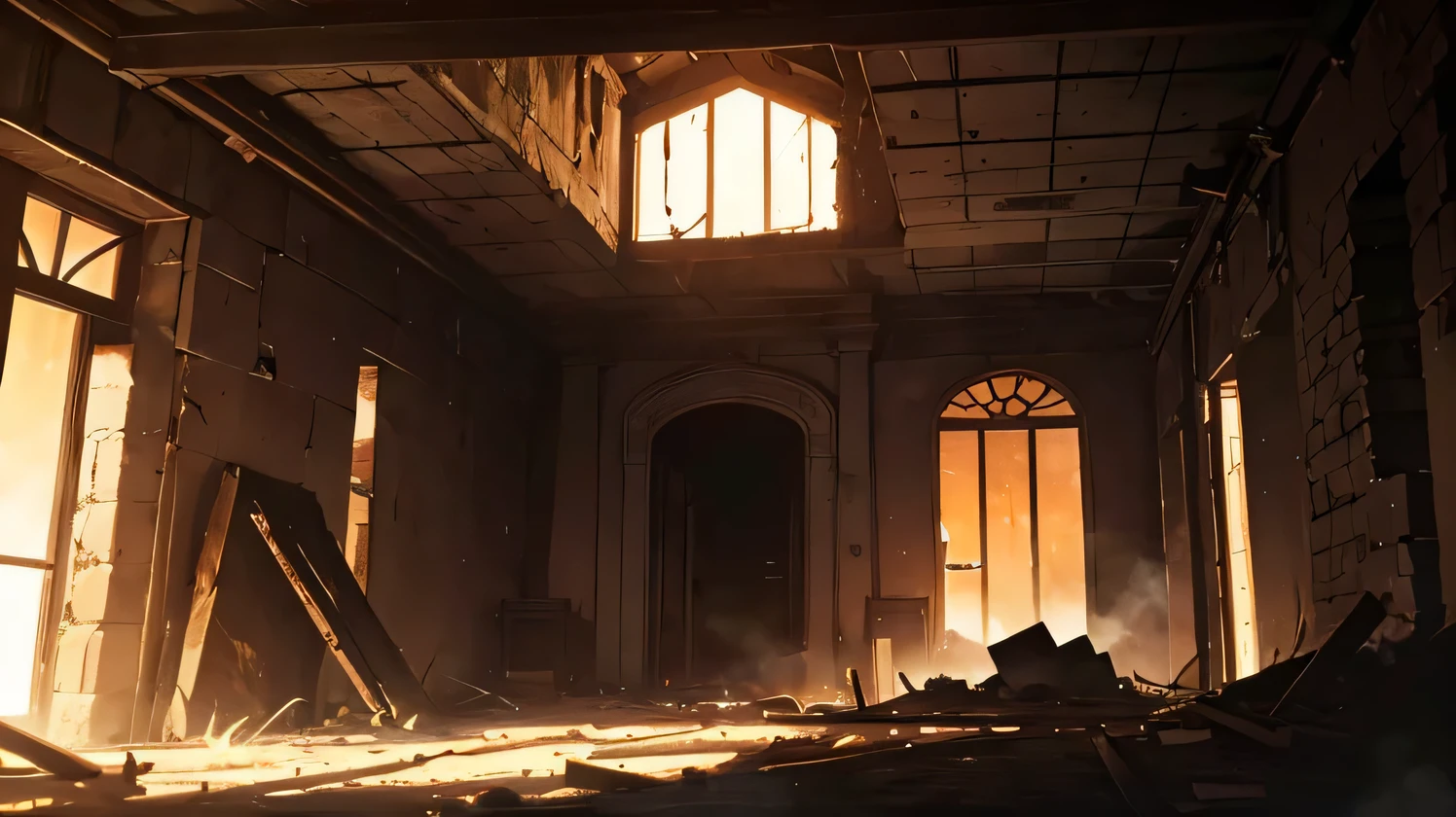 fire, Basement, ruins, Small window in the ceiling, dim, surrounded by intense flames, Filled with black smoke, There are rooms on either side