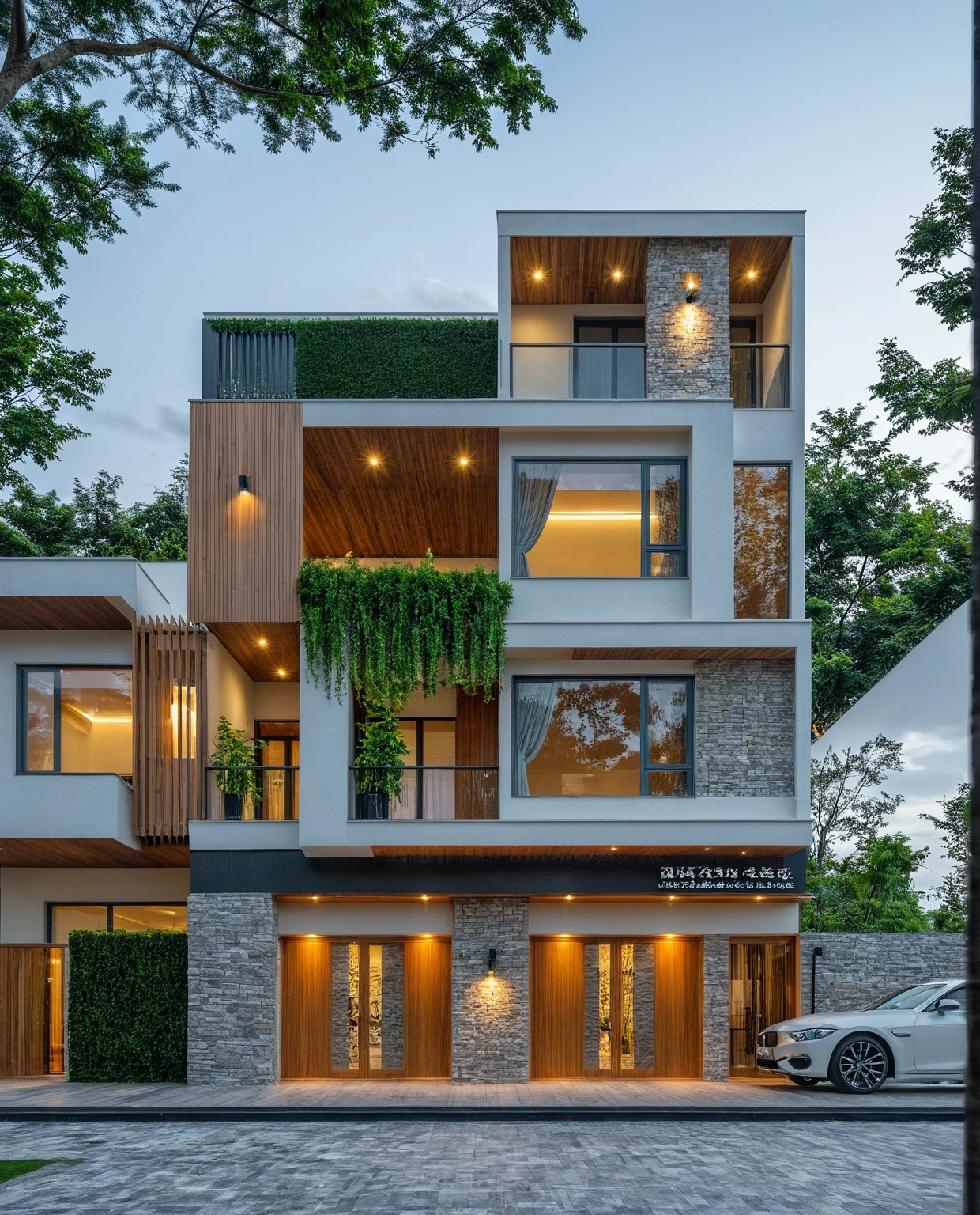 RAW photo, subject, 8k uhd, dslr, soft lighting, high quality, film grain, Fujifilm XT3, A Capture of stunning modern architecture, 1 floor- house, pine tree, grass, white wall, wooden, nature stone with long and sharp reed
