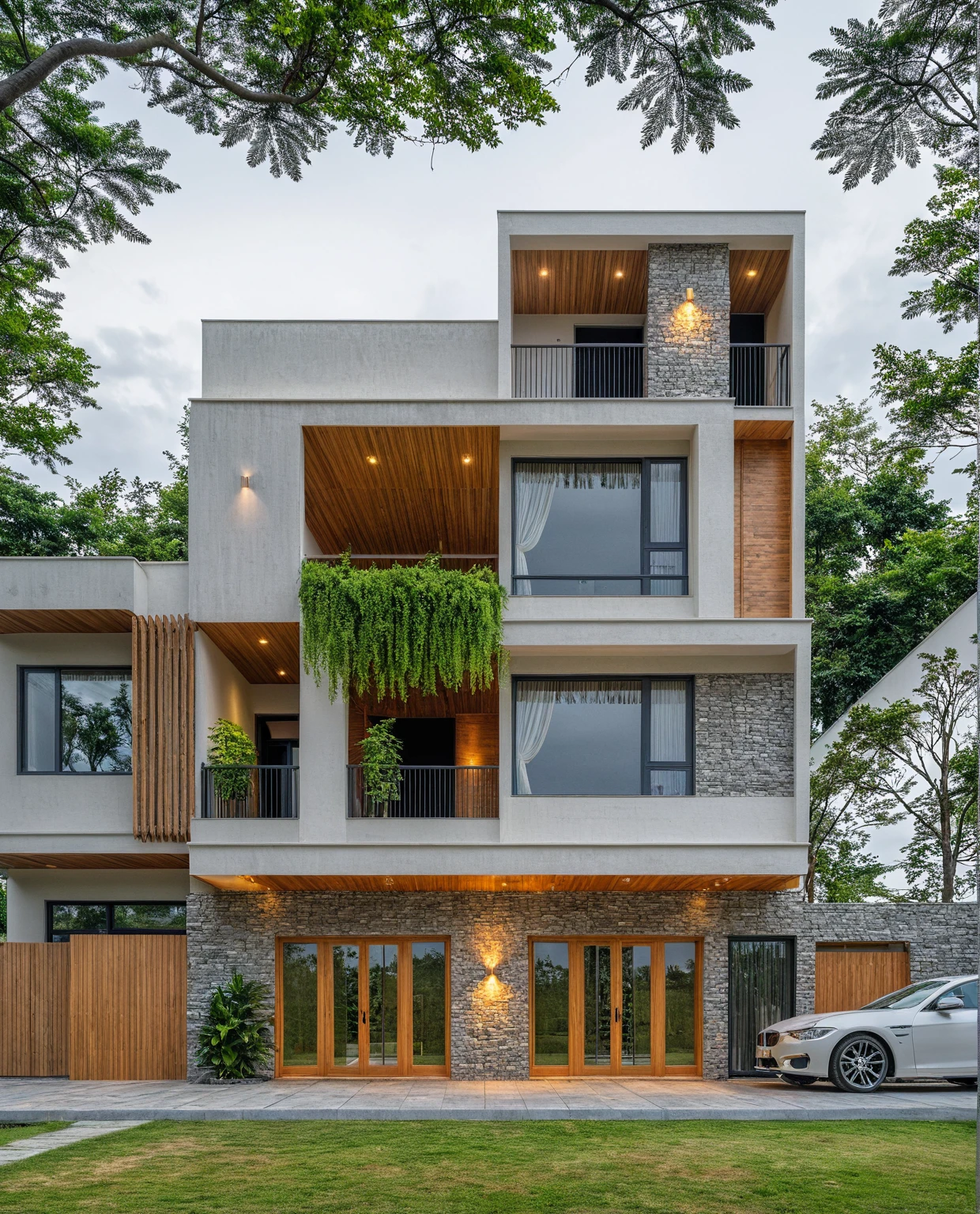 RAW photo, subject, 8k uhd, dslr, soft lighting, high quality, film grain, Fujifilm XT3, A Capture of stunning modern architecture, 1 floor- house, pine tree, grass, white wall, wooden, nature stone with long and sharp reed