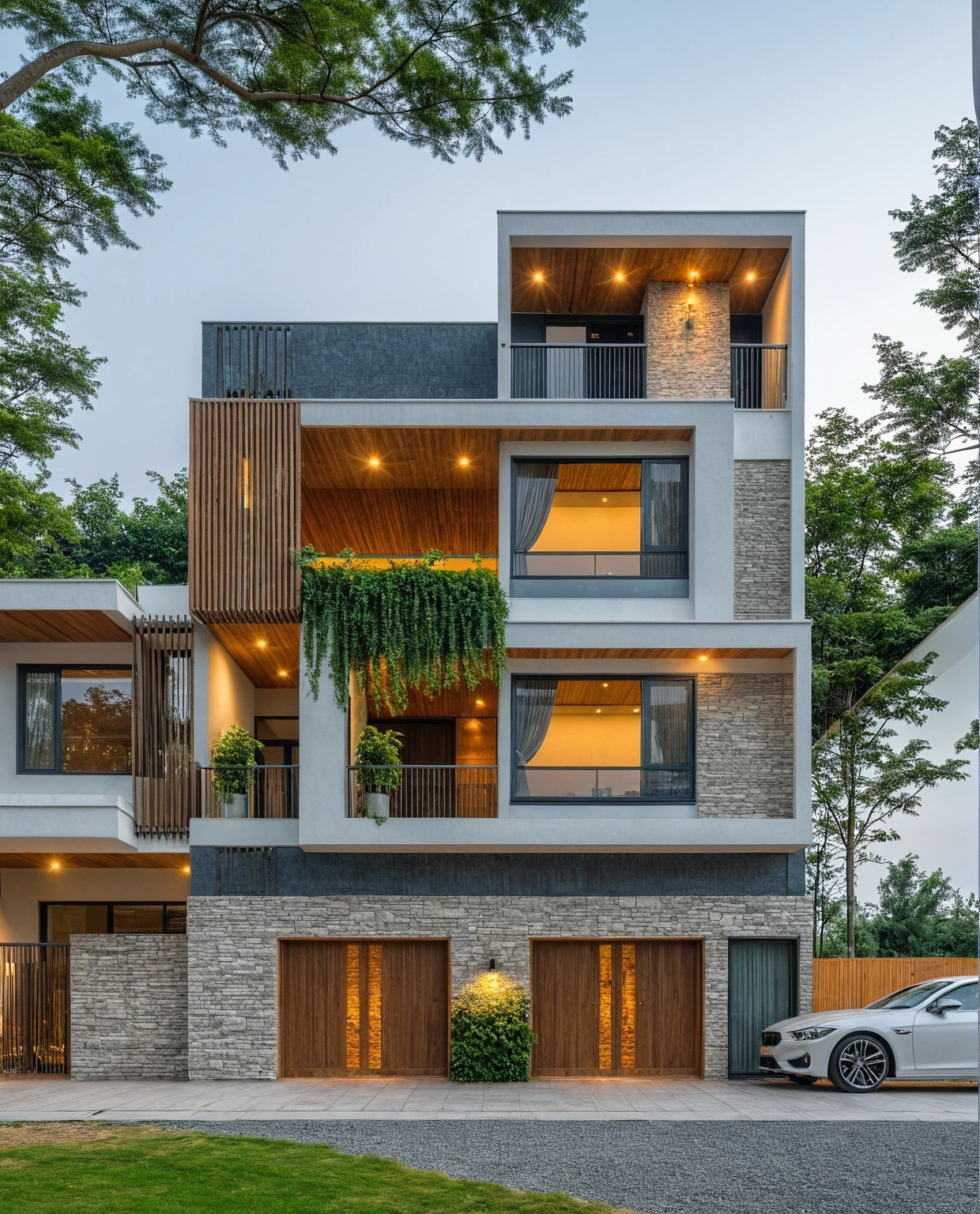 RAW photo, subject, 8k uhd, dslr, soft lighting, high quality, film grain, Fujifilm XT3, A Capture of stunning modern architecture, 1 floor- house, pine tree, grass, white wall, wooden, nature stone with long and sharp reed