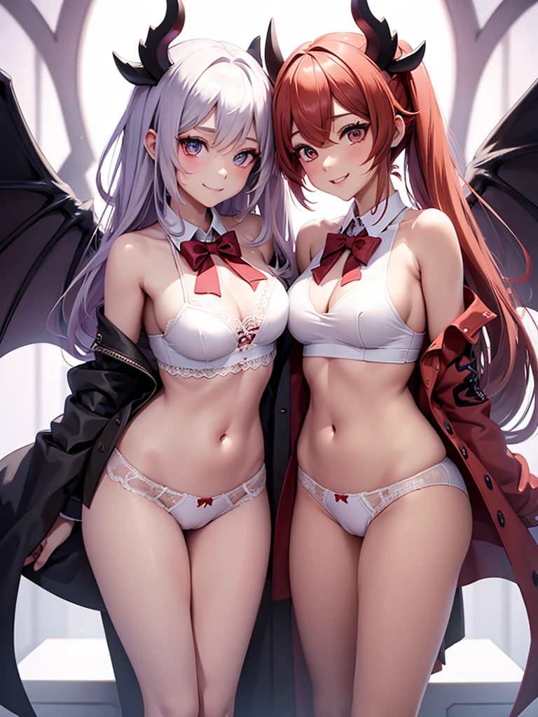 Anime illustration style,a beauty girl,demonic horns,Devil's wings on the back,（full bodyesbian）,Standing,（lowfers）,（Anime Settings）,a smile,（blazers）,（Uniforms）,hi-school girl、preppy style、short-cut、Navel Bow Style, camel toe, Panties visible, Showing underwear, White underwear, wet, Tight underwear,