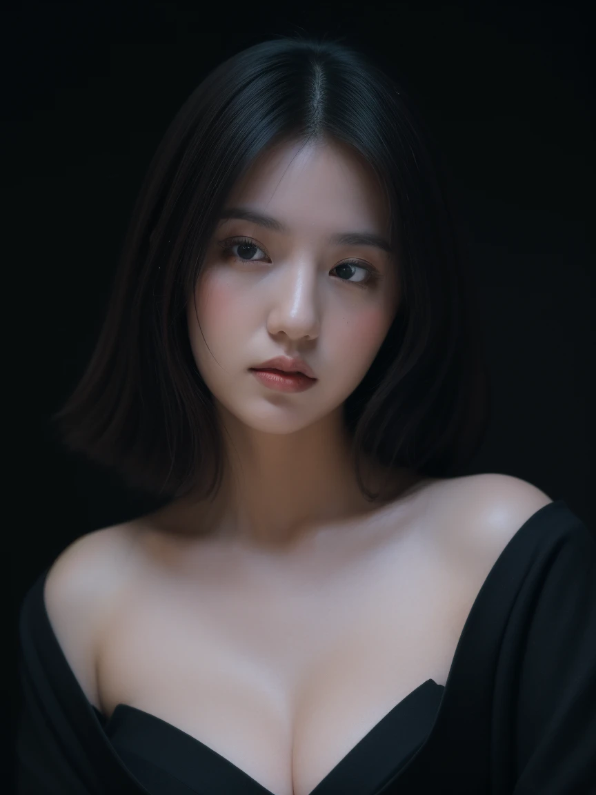 ((Best quality, 8k, Masterpiece :1.3)), Image of a geisha. 1girl. Like the hair of a Japanese geisha, Long black hair:1.3. Beautiful geisha in kimono, (black kimono). Big breasts:1.3. close up cleavage. ((Bare shoulders _depth of field)), atmospheric perspective, Volumetric lighting, Clear focus, absurd resolution, Realistic proportions, Good anatomy, (realistic,Hyper-realistic:1.37), 16K HD, INFO. ((dark background)), black background. ((Ultra-Wide Angle))