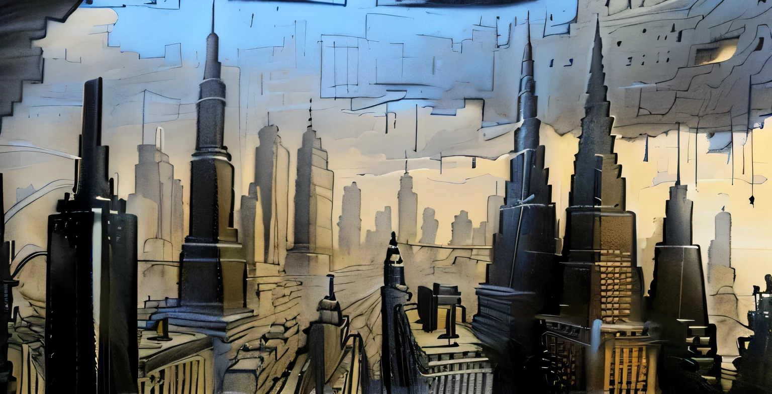 Drawing of a city and some of its buildings, distant skyscrapers,City background, city View,Realism,HD。