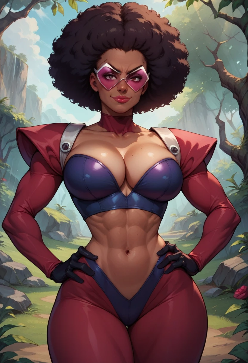 1woman, cleavage, in a rainforest, hands holding own hips, seductive smirk, big breasts, wide hips, big ass, storm from x-men costume, Garnet,black afro,navel,standing,upper body,retro shades, curvy,smile,standing, toned, big lips