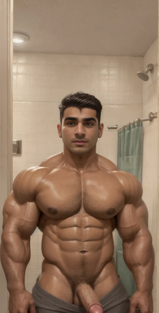 a Pakistani twink with a big erection is standing in a bathroom, muscular men, strong masculine features, attractive chav man, muscular build, muscular male, muscular man, very brown skinned, portrait of muscular, 34 years old, big wide broad strong physique, chiseled muscles, exaggerated muscle physique, portrait of a muscular male 