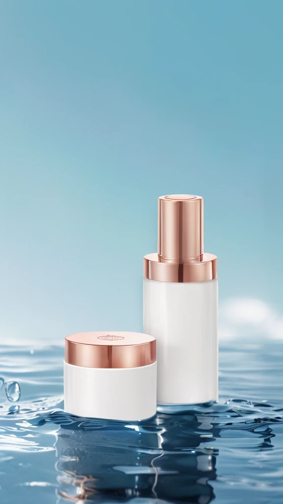 There are two bottles of cosmetics placed on the water, ClaritySmooth的线条, Clarity、Smooth、Clean lines, Stylish design, glossy surFace, Fine details, Perfect skin tone, Face, Smooth porcelain skin, Clarity的细节, skin care, Stunning appearance, Fine details, Bottom Angle, detailed picture, Home, Clarity干净的形状, Creamy skin, 精致Smooth的细节, Silicone leather