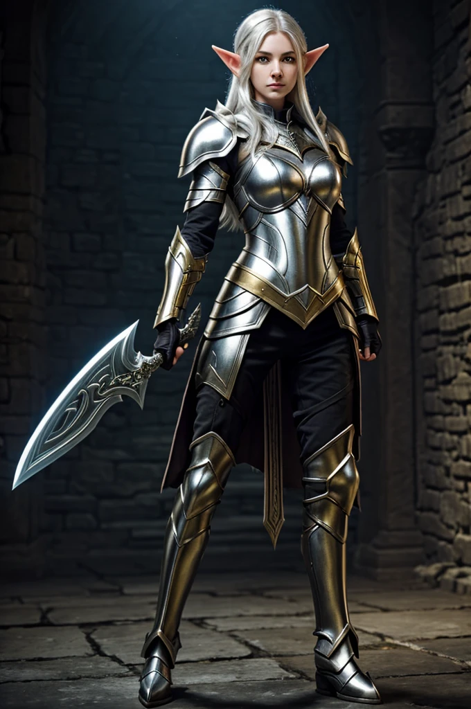 1 woman , elf, pale skin, silver hair, glowing golden eyes, muscule body, full body armor, full body, dungeon background, closed body by armor, hold a glaive and shield