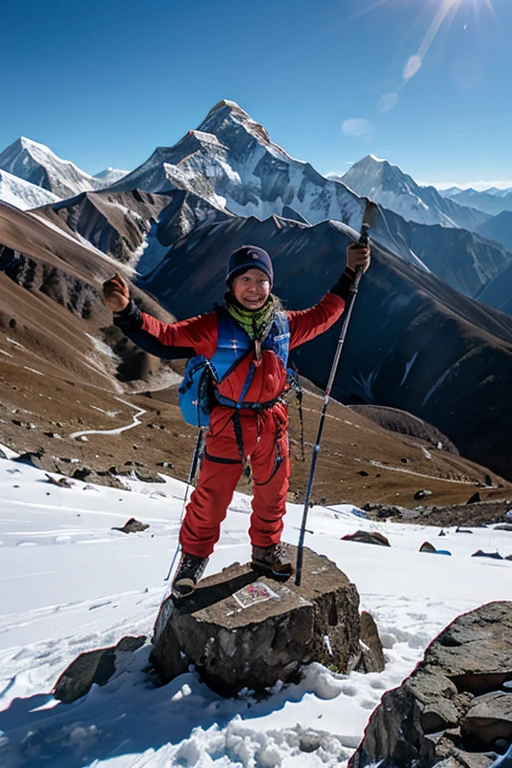 Climber conquered Everest. stands on top of a mountain, against the backdrop of a mountain landscape with the flag of Russia