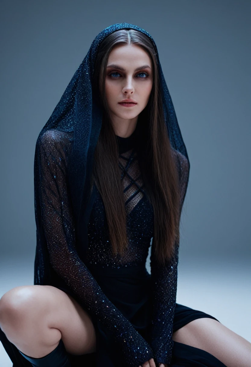 Fashionable of androgynous alien looking witch wearing veil, glowing eyes, beautiful evil slavic muscular woman, pale skin, long hair, futuristic design, minimal details, givenchy, photoreal, 200mm, hd, f/ 2.0, highly detailed, surreal, sitting, light smile, simple black stylish clothes, a slight smiledrop dead, in the style of red and blue, (intricate details, hyperdetailed:1.15) (skin texture:1.2), cinematic, professional, 4k, (((dynamic model pose))), sitting, full body, mesmerizing, dynamic, dramatic, sensual, dynamic pose, highly detailed skin with hair, subcutaneous veins, light and shadow play, highly detailed,24mm photograph, film, bokeh, professional, 4k,