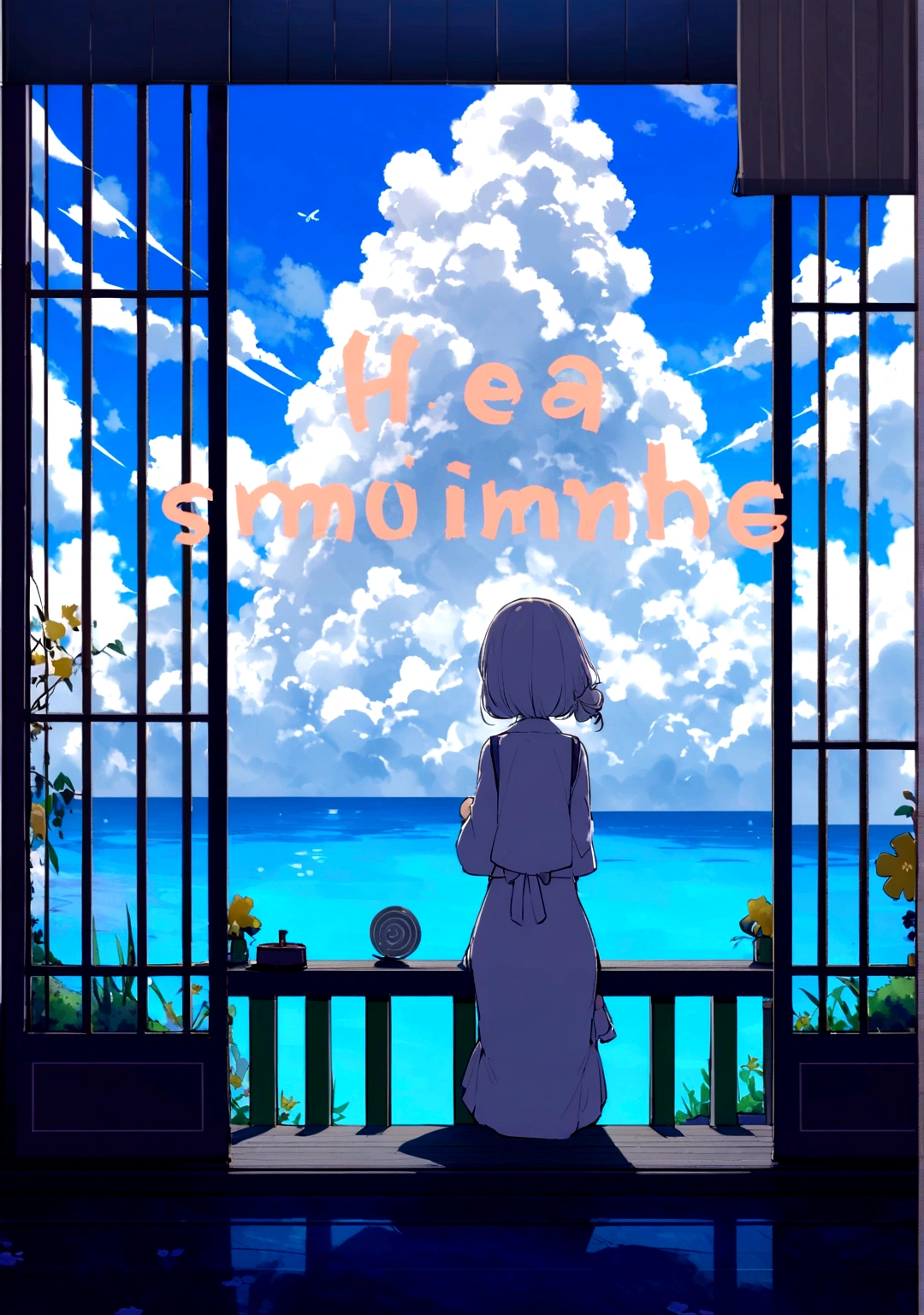 「Japanese summer countryside scenery、A large cumulonimbus cloud floating in the evening sky、A girl sitting on the veranda of an old house、Next to her is a mosquito coil、The sparkling sea in the distance」