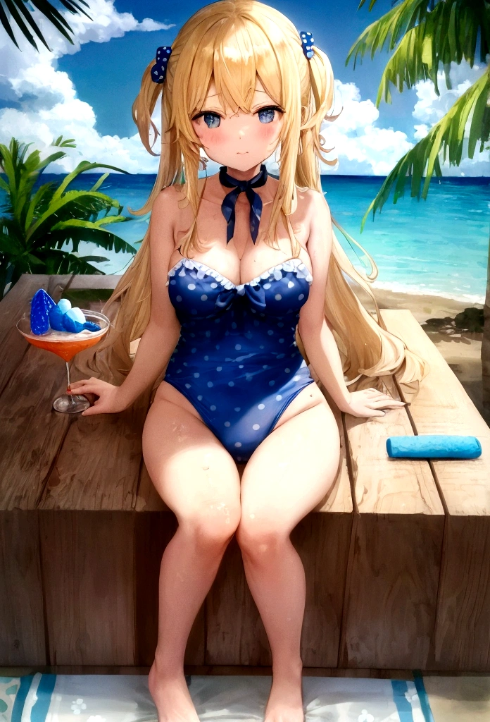 A cute girl，blonde，Wearing a blue polka dot swimsuit，After the rain，at the seaside，Next to it is the Summer Ice Drink Shop，Several coconut trees and beach chairs on the beach，evening，Blue sky and white clouds，Sunset Cold Drink，Colorful style waiting to start 